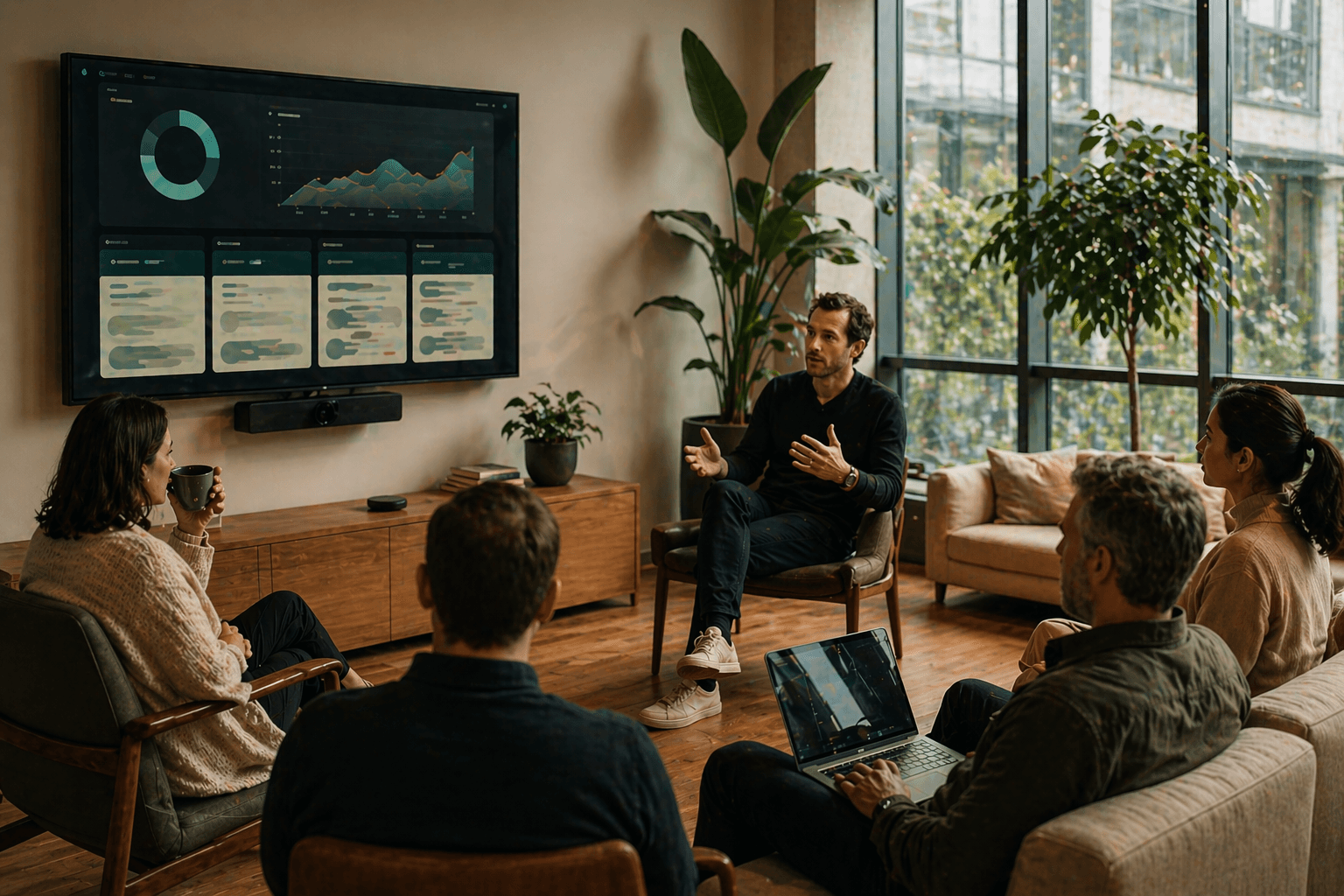 A small team gathered around a large display in a warm modern office, aligned momentum, post-product-market-fit energy.