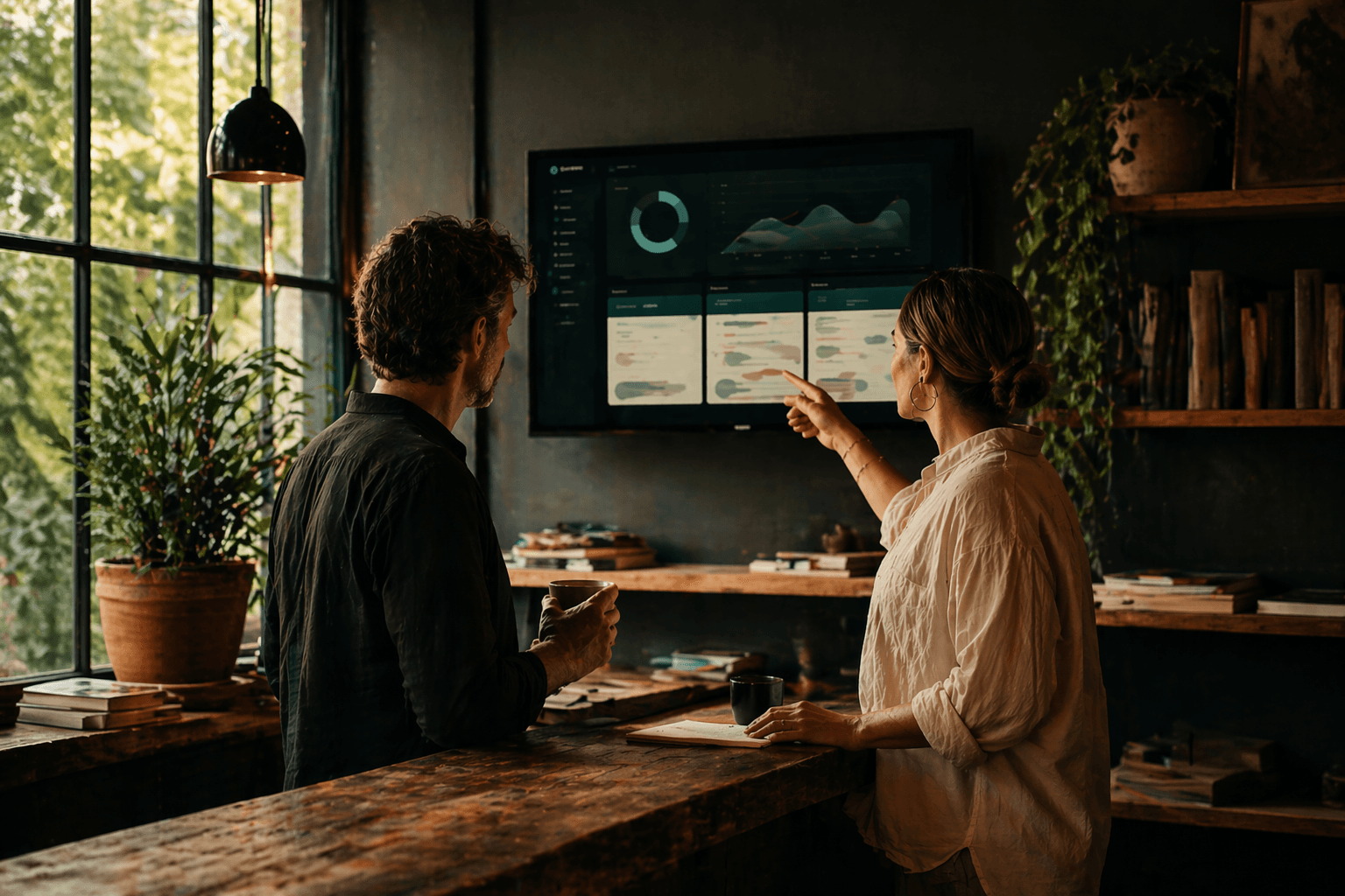 Two operators in a warm shop or studio reviewing a wall-mounted dashboard, calm focus, systems clicking.